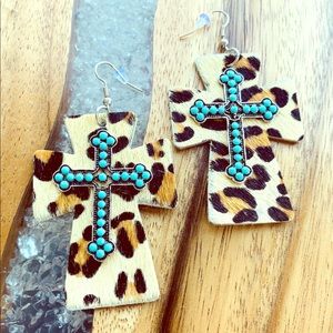 Leather and Turquoise Cross Earrings